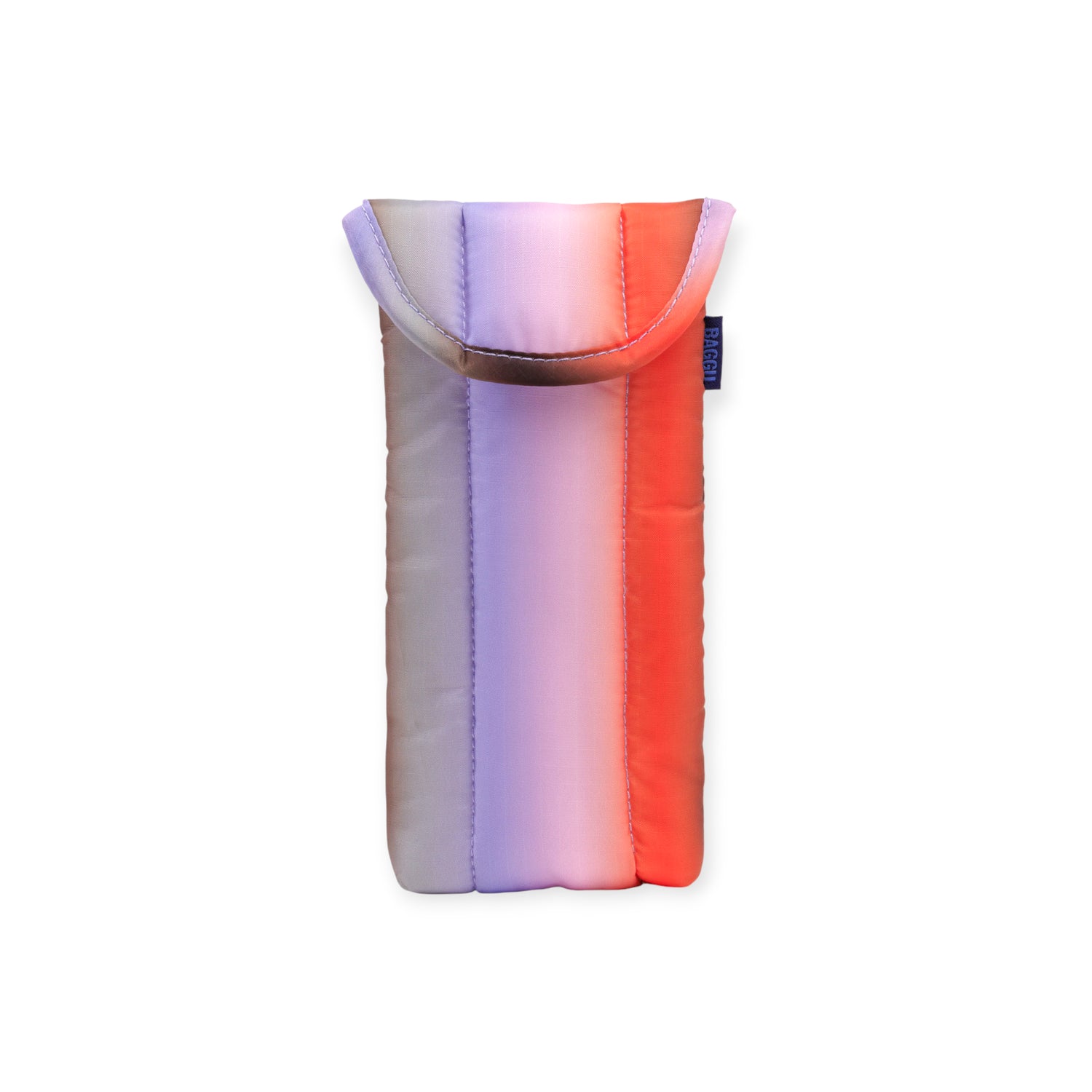 Soft padded fabric pouch with vertical gradient stripes in beige, lavender, pink, and orange with flap closure