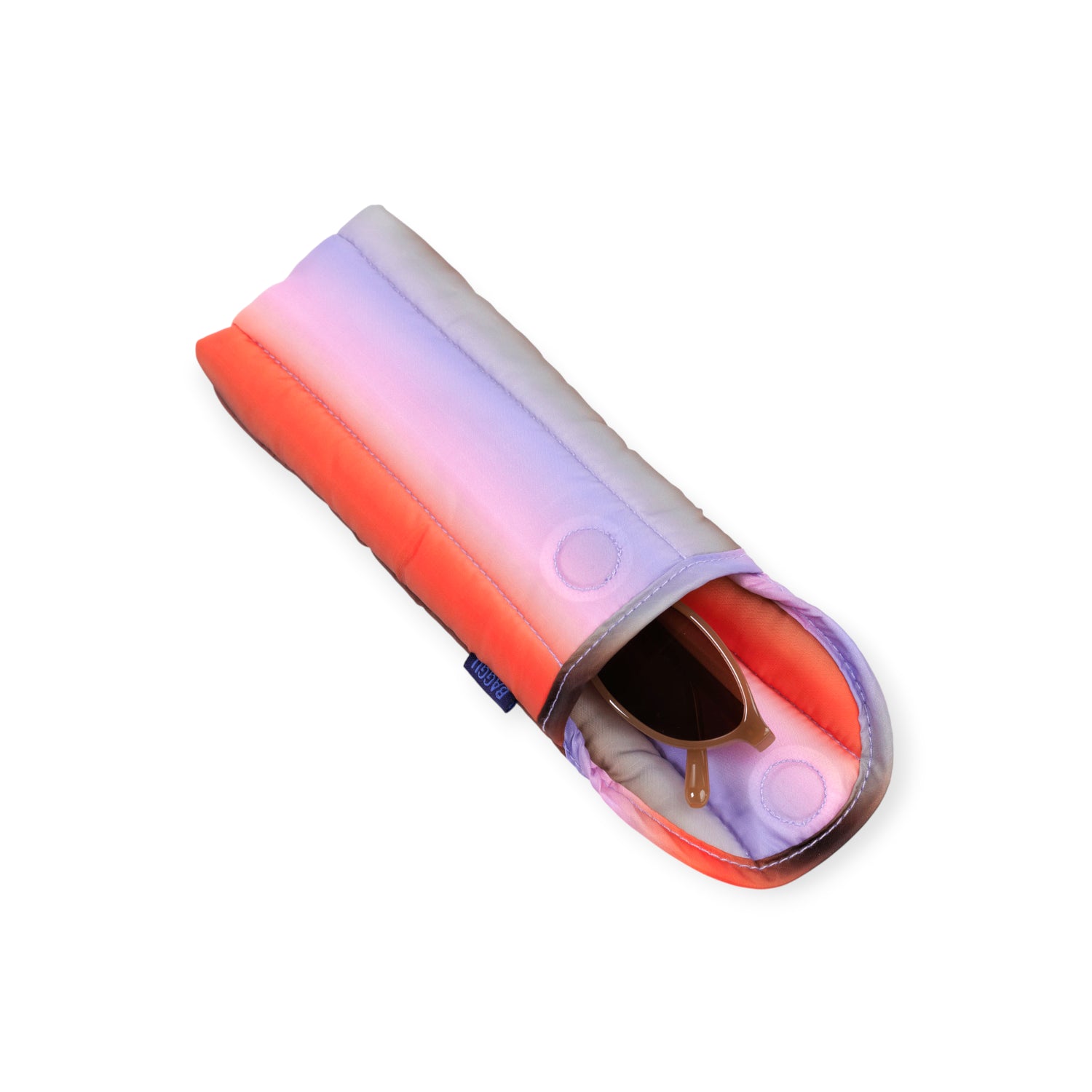 Soft padded eyeglass case with gradient orange to lavender fabric and brown sunglasses partially inside