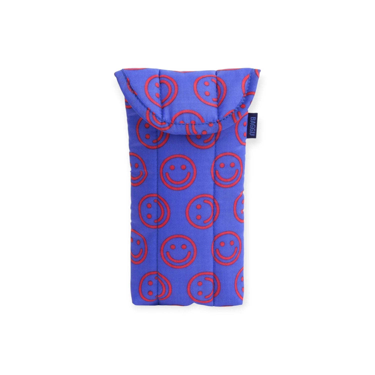Mini puffy glasses case, cobalt blue with red smiley face pattern pouch