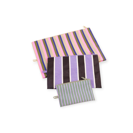 Three fabric zipper pouches in large, medium, and small sizes with colorful vertical stripes on white background