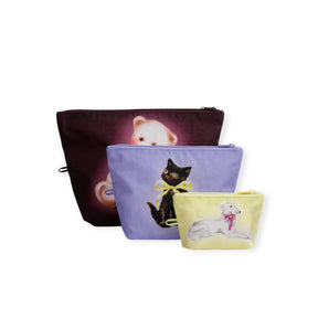 Keep your essentials organised with the Baggu Go Pouch Set - Fancy Animals by Baggu: three pouches in different sizes, each featuring playful bear, cat, and dog designs.