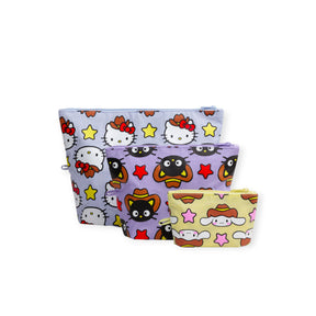 The Hello Kitty x Baggu Go Pouch Set - Western by Baggu includes three zippered pouches in various sizes, decorated with Hello Kitty and Sanrio friends plus colorful stars on patterned backgrounds.