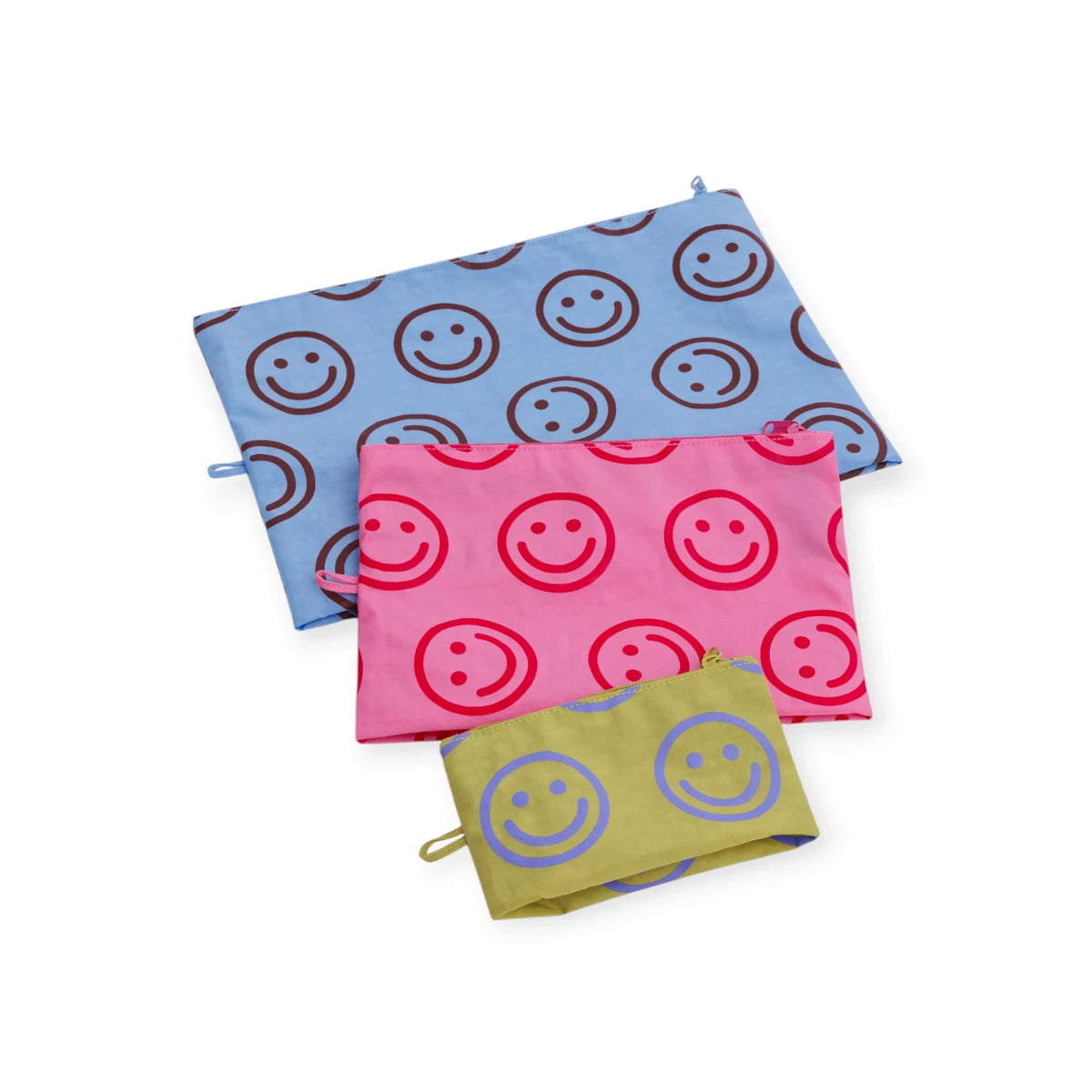 Smiley print pouch set with blue, pink, and olive zip-top pouches