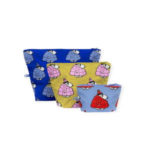 Baggu Go pouch set, two pouches with Snoopy puffer jacket print