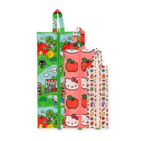 The Hello Kitty x Baggu Storage & Travel Set by Baggu features four vibrant reusable snack bags, showcasing a variety of cartoon designs like animals, strawberries, and Hello Kitty characters. Made from sustainable materials, this set brings a fun element to your snacking on the move.