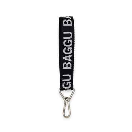 Baggu Keychain - Logo Strap, a black strap made from recycled nylon webbing, showcasing the word "BAGGU" in white letters, and equipped with a metal carabiner clip.