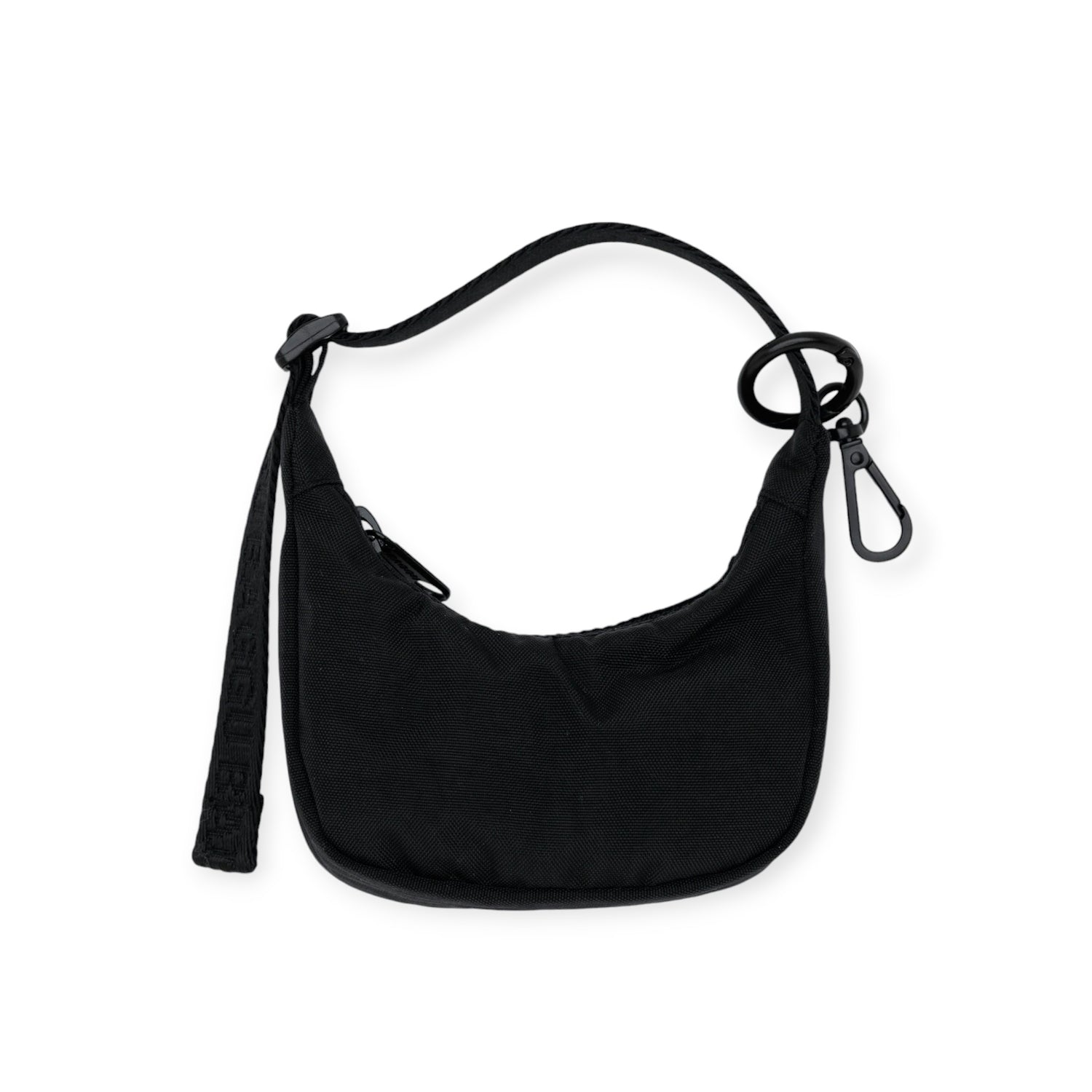 This stylish small black shoulder bag, made from recycled nylon and featuring a short strap with a clasp, is complemented by the Baggu Crescent Bag Charm in Cornflower, ideal for those who value fashion and eco-friendliness.