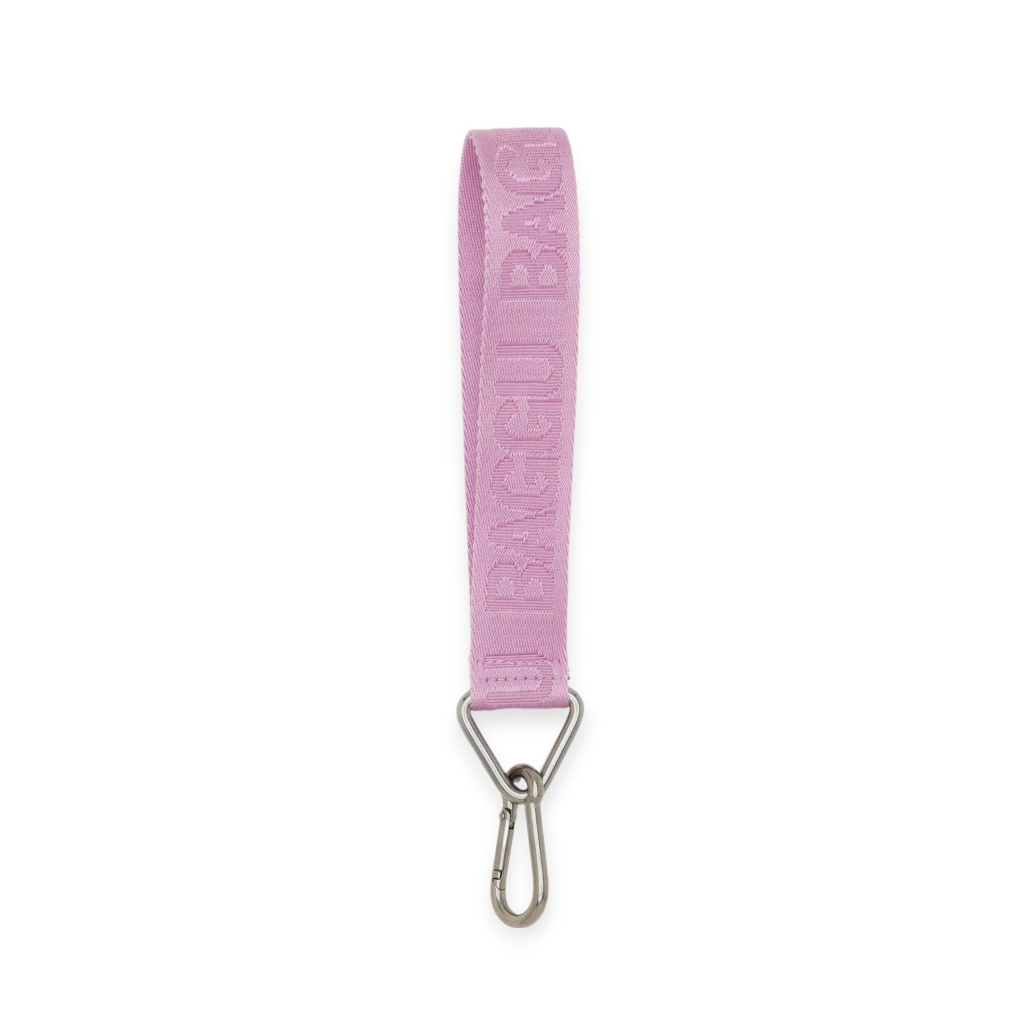 The Baggu Logo Keychain in Peony, made from recycled nylon webbing, features "BAGGU" embossing and a durable metal clasp at one end.