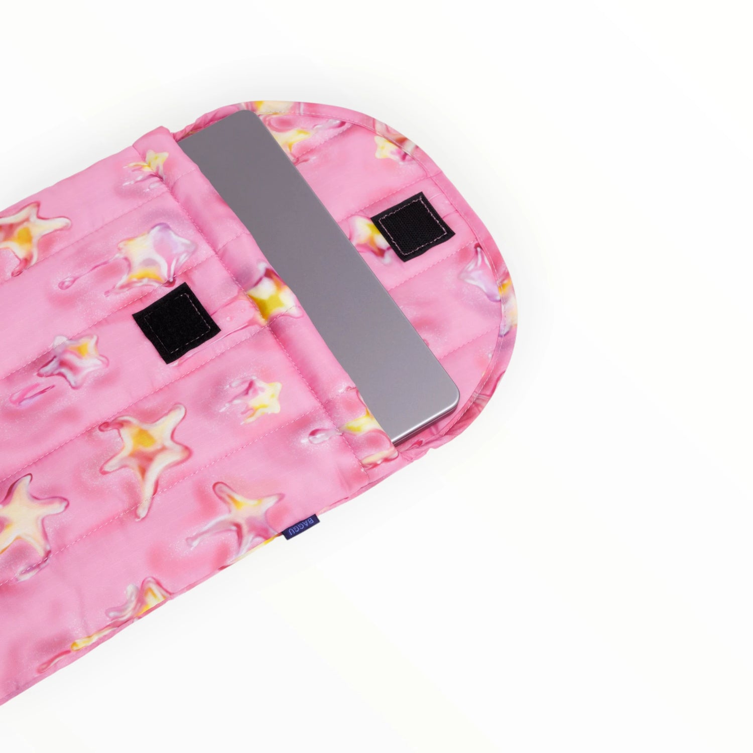 Pink padded laptop case with star print, black Velcro closure, and side panel