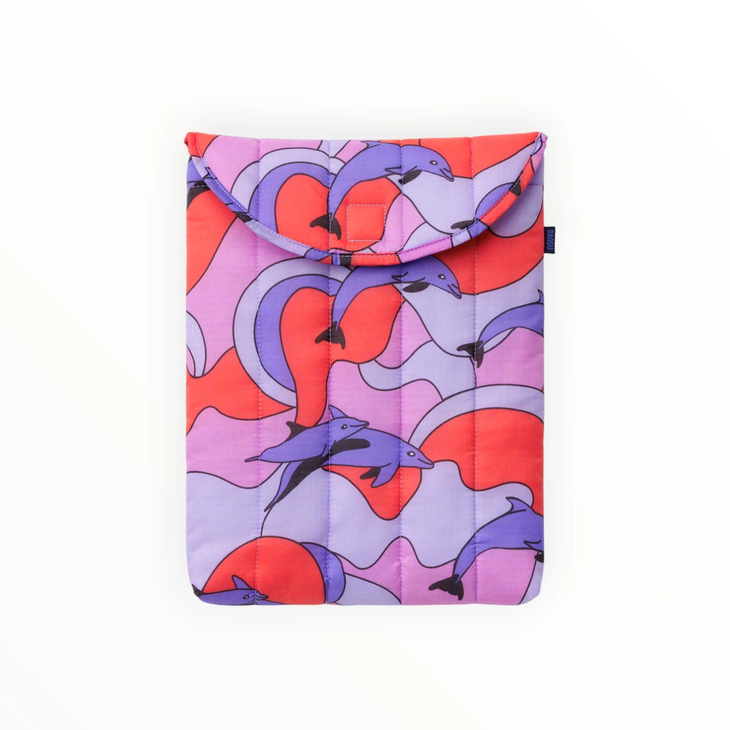 Puffy 13–14-inch laptop case with purple orange dolphin pattern and rounded flap