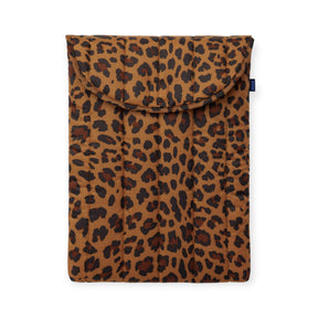 Puffy leopard-print laptop case with front flap and black strap closure