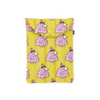 The yellow fabric pouch, featuring penguins dressed in pink jackets and hats, highlights an eco-friendly construction. This delightful design captures the whimsical essence of a Baggu product similar to the Peanuts x Baggu Laptop Sleeve - Snoopy Puffer 13"/14".