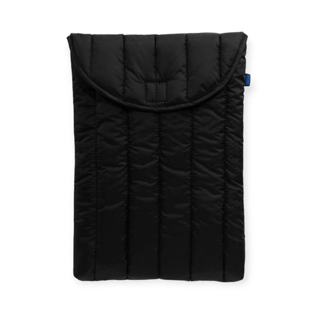 The Baggu Puffy Laptop Sleeve 16" in black provides padded protection with its recycled nylon construction and flap closure, displayed against a white background.