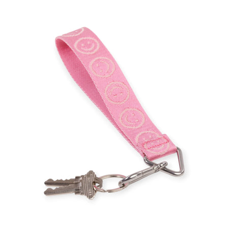 Pink logo keychain with printed strap and metal keyring clip