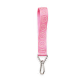 Pink keychain strap with logo pattern and silver carabiner clasp