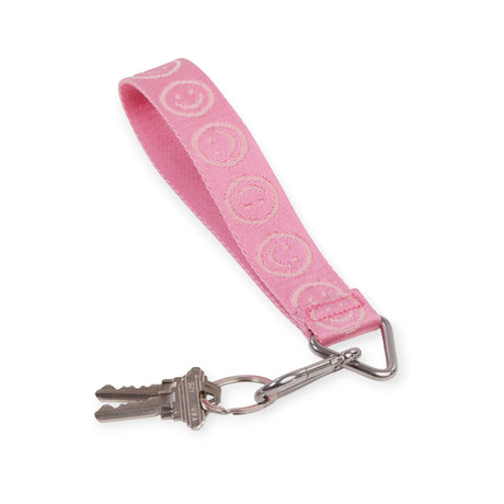 Baggu logo keychain strap in pink with metal keyring and clasp