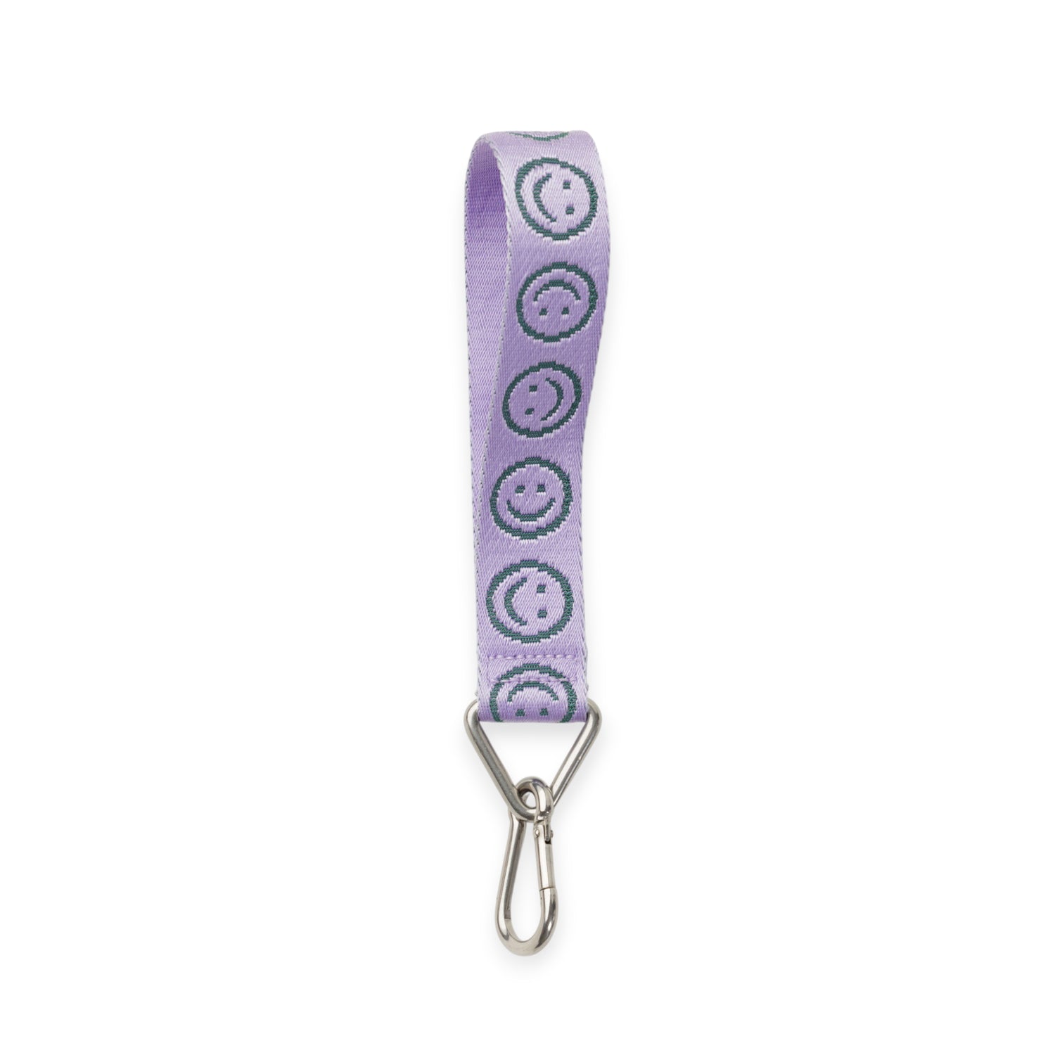 Lilac smiley logo keychain strap with silver hook clasp, vertical view