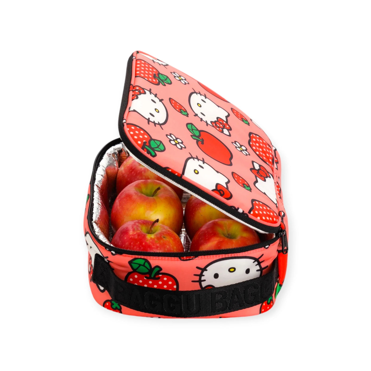 A pink Hello Kitty x Baggu Lunch Bag by Baggu, crafted from recycled polyester and featuring a BPA-free lining, holds six red apples while displaying adorable cartoon characters.