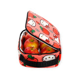 A pink Hello Kitty x Baggu Lunch Bag by Baggu, crafted from recycled polyester and featuring a BPA-free lining, holds six red apples while displaying adorable cartoon characters.