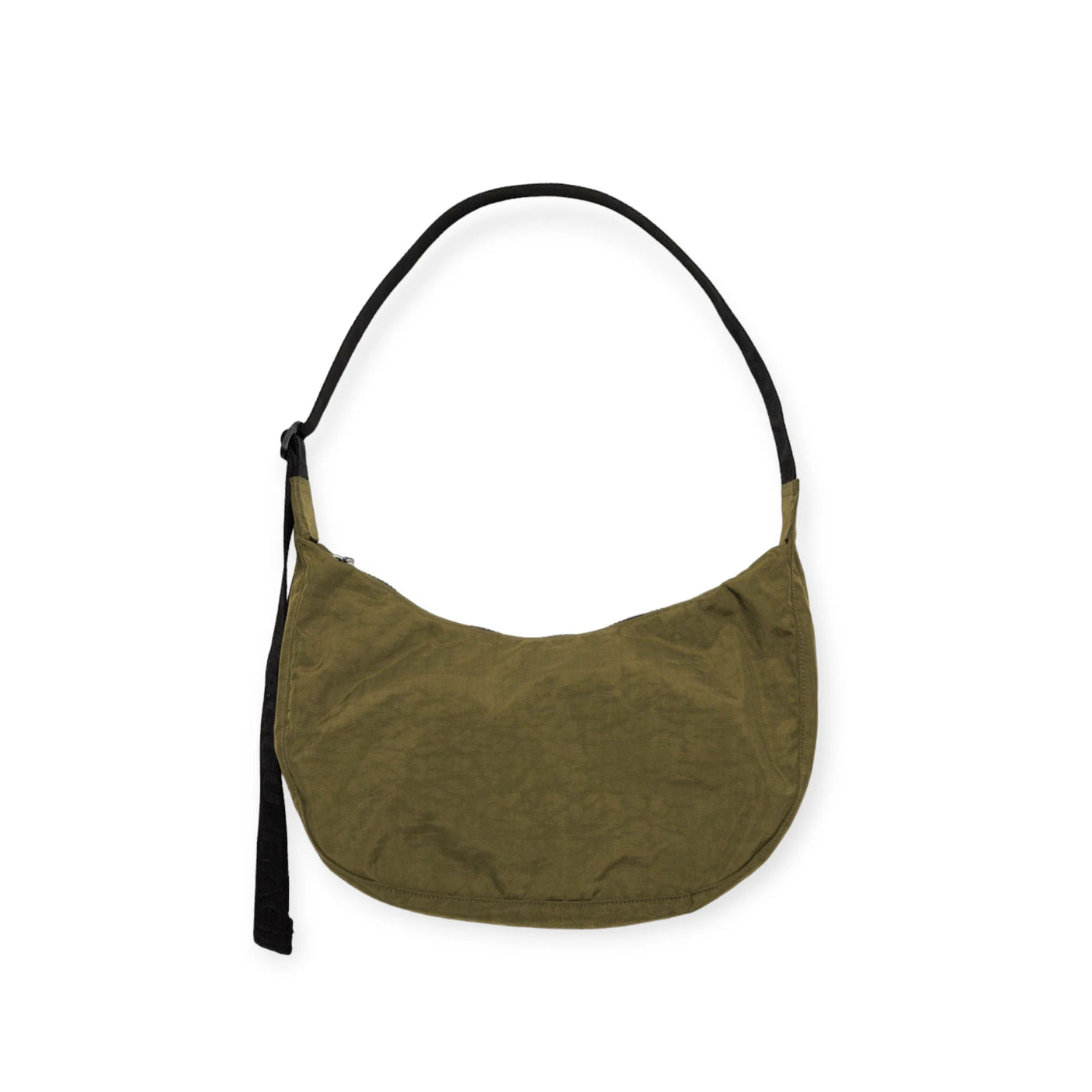 The Baggu Medium Nylon Crescent Bag in seaweed, featuring a black shoulder strap ideal for crossbody wear, is displayed against a white background.