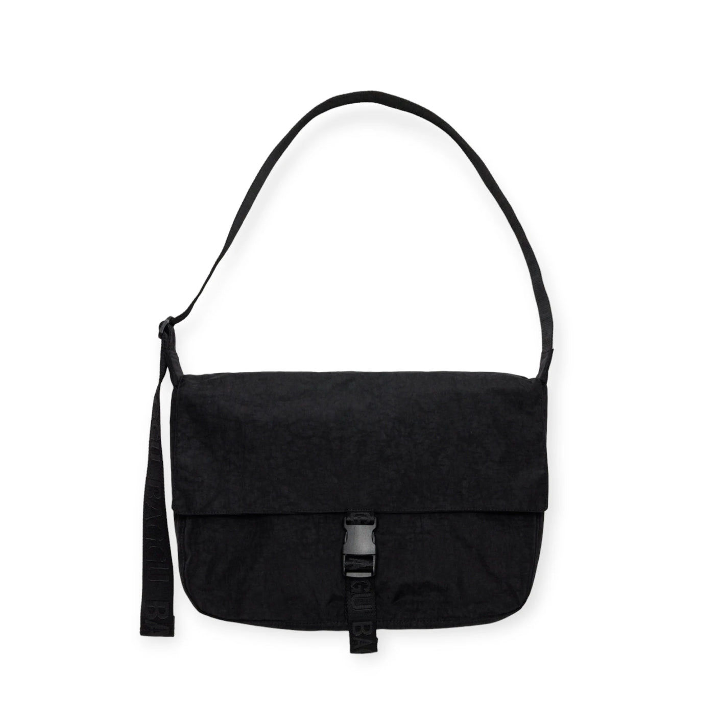 A black Baggu Messenger Bag - Recycled Nylon, featuring a flap closure and an adjustable strap, crafted from recycled nylon, is showcased against a white background. This laptop-compatible accessory by Baggu effortlessly combines style and practicality for the modern individual.