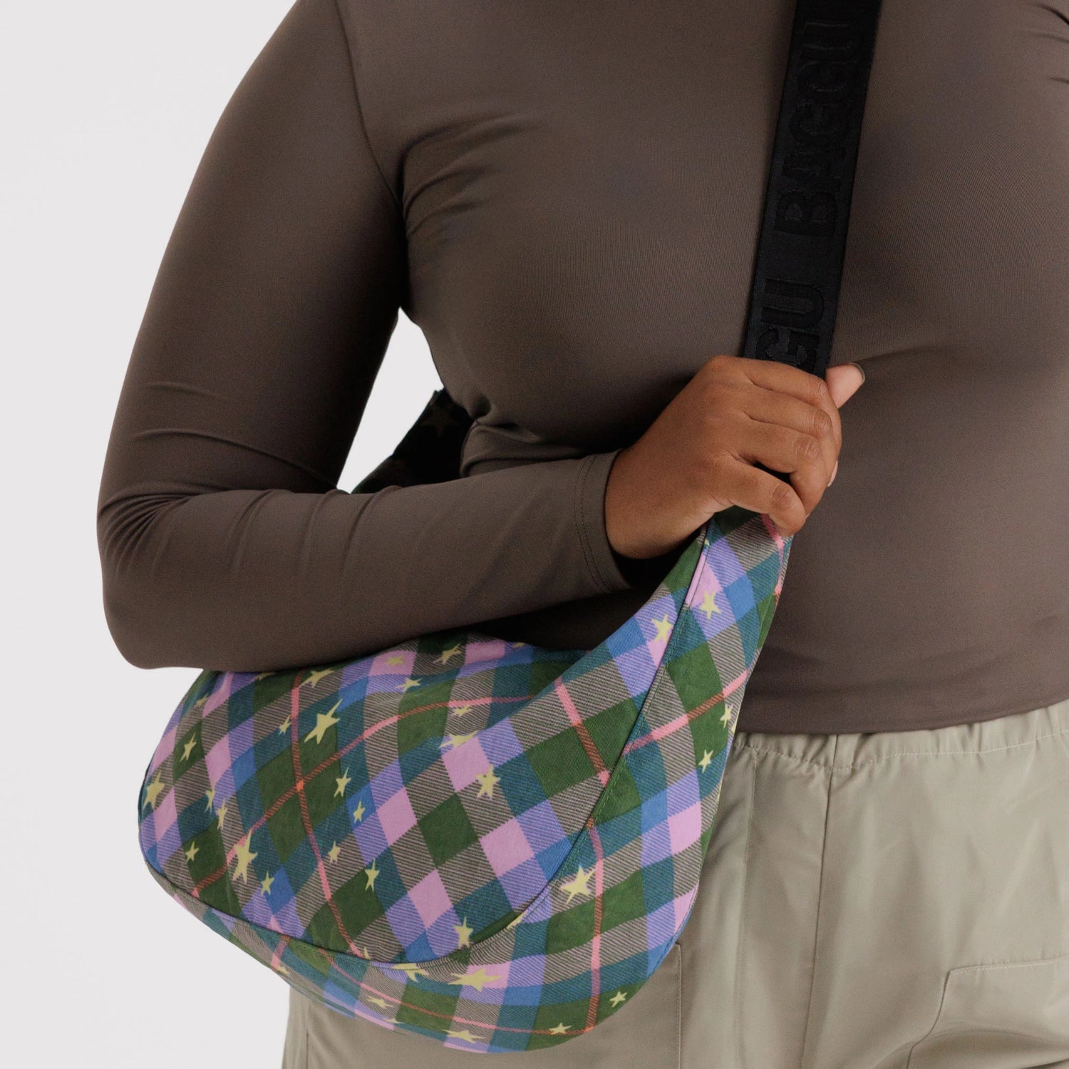 Baggu Medium Nylon Crescent Bag - Green Star Plaid