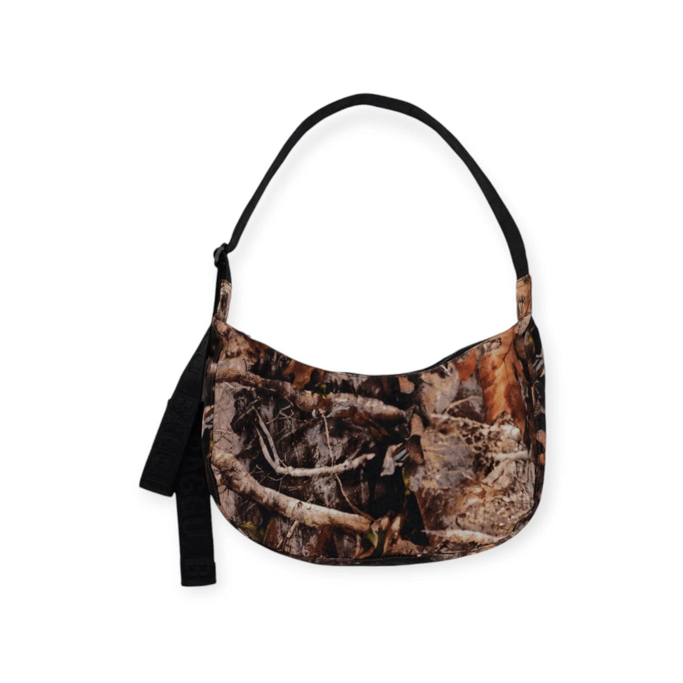 Baggu Medium Nylon Crescent Bag in Photo Forest, designed with a camouflage pattern from recycled nylon, and featuring a black strap and zipper.