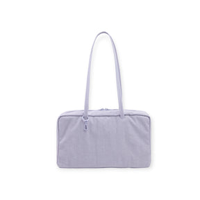 Light purple rectangular fabric shoulder bag with long straps and zip closure on white background