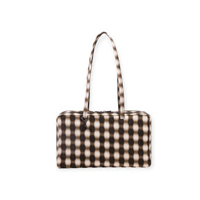 Brown and beige patterned rectangular handbag with long straps and zipper closure on white background
