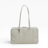 Medium nylon bowler bag with vertical sage-and-white stripe, top handles, zip closure