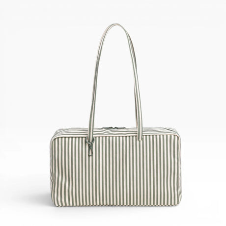 Medium nylon bowler bag with vertical sage-and-white stripe, top handles, zip closure