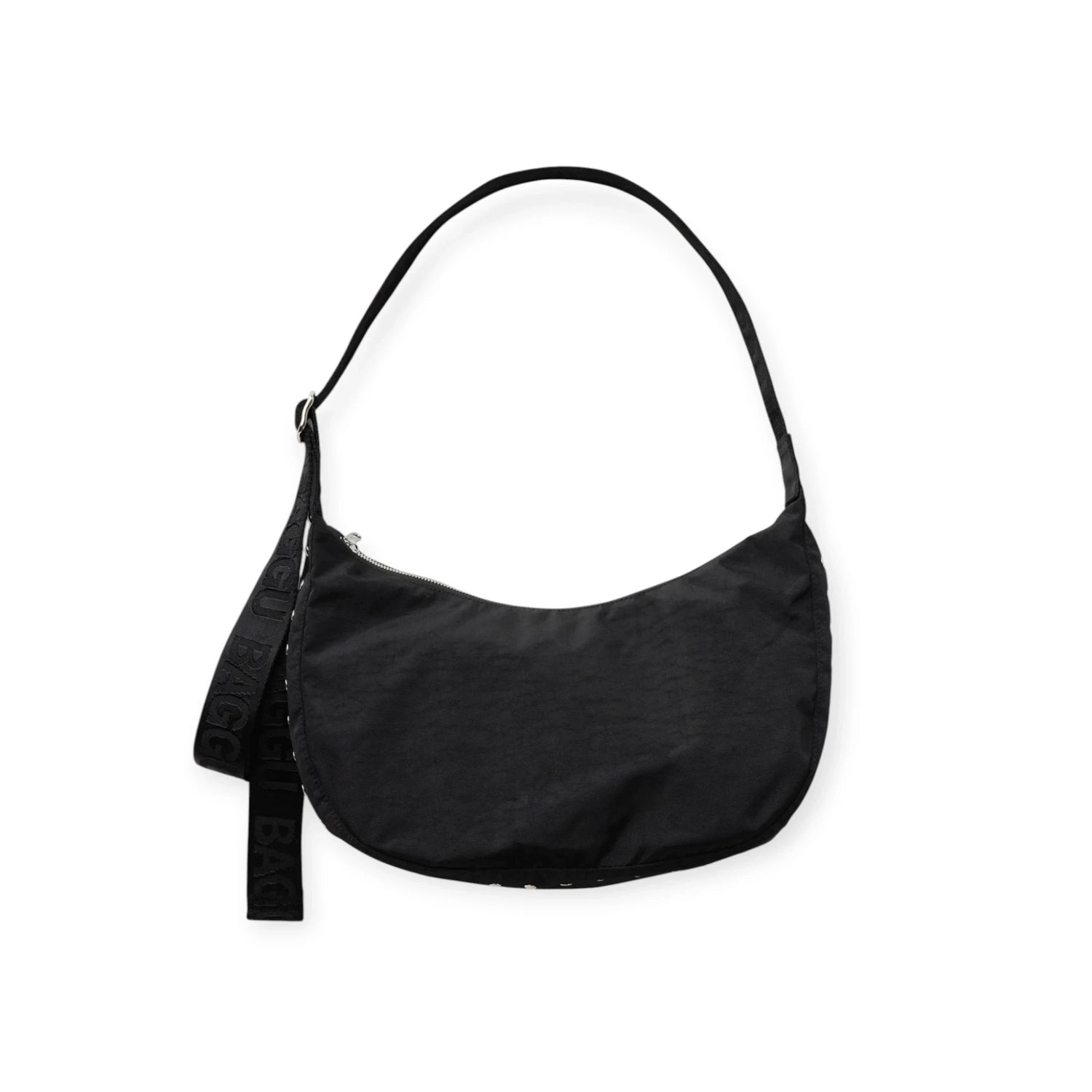 Medium crescent nylon hobo bag in black, with studded strap accents