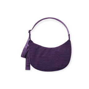 Baggu Medium Nylon Crescent Bag - Fig in rich purple nylon with adjustable strap and branded key leash by Baggu.