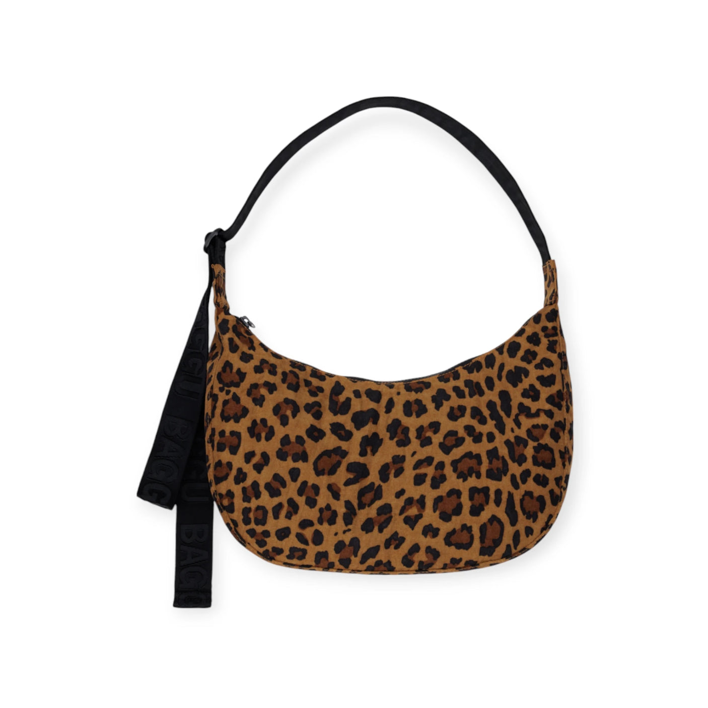 The Baggu Medium Nylon Crescent Bag in Leopard features a black shoulder strap and handle, making it the ideal everyday accessory.