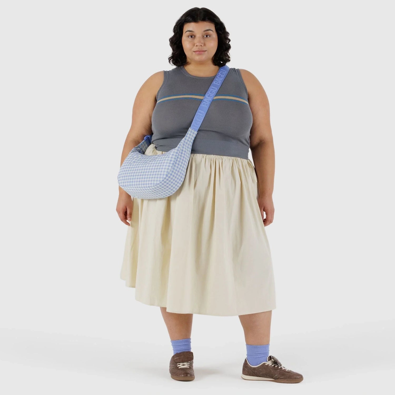 Baggu Medium Nylon Crescent Bag - Light Blue Gingham