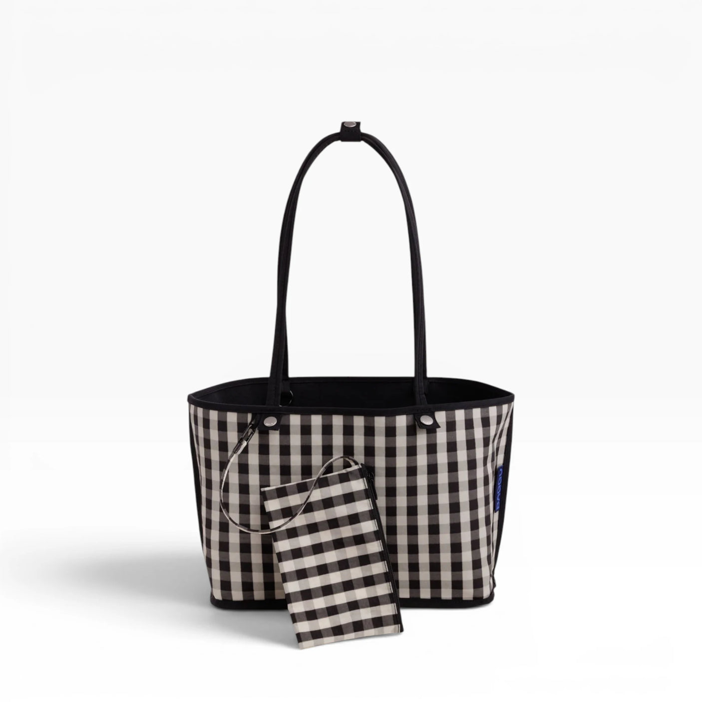 Reversible medium nylon tote with black-and-white check pattern and matching pouch