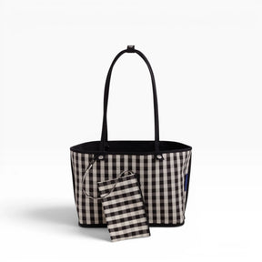 Reversible medium nylon tote with black-and-white check pattern and matching pouch