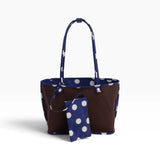Reversible nylon tote, navy polka dots with brown side and matching pouch