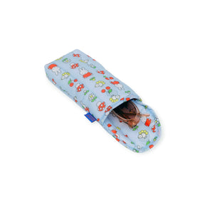 The Miffy x Baggu Puffy Glasses Sleeve by Baggu features a soft blue quilted design with cartoon animals and mushrooms, made from recycled ripstop nylon for a stylish and sustainable way to protect your eyeglasses.