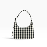 Mini gingham nylon shoulder bag in black and cream, with top handle and strap