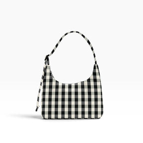 Mini gingham nylon shoulder bag in black and cream, with top handle and strap