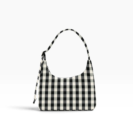 Mini gingham nylon shoulder bag in black and cream, with top handle and strap