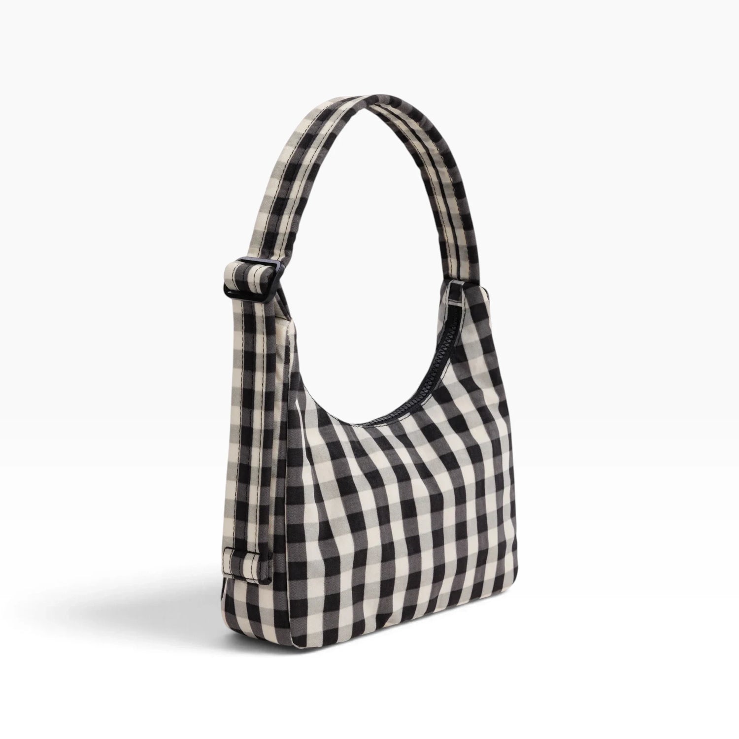 Black-and-cream gingham mini shoulder bag with top handle and zippered opening
