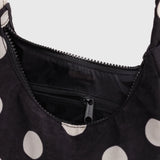 Black nylon mini shoulder bag interior with zipper pocket and zip opening