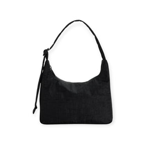 The Baggu Mini Nylon Shoulder Bag - Black by Baggu is made from recycled nylon, with a single strap and zipper closure, shown against a plain white background.