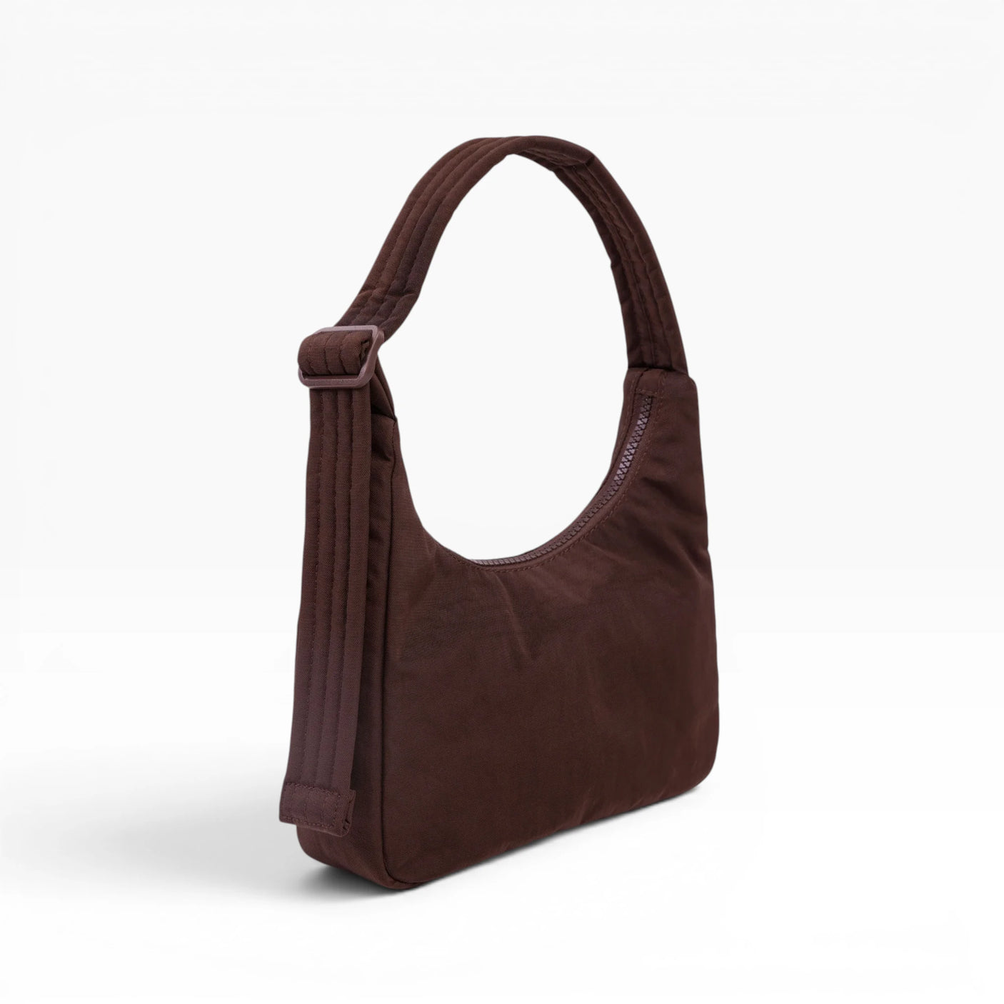Baggu mini nylon shoulder bag, coffee brown with adjustable shoulder strap and short handle