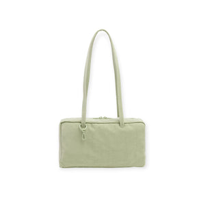 Pale green rectangular shoulder bag with long straps and zipper closure on white background