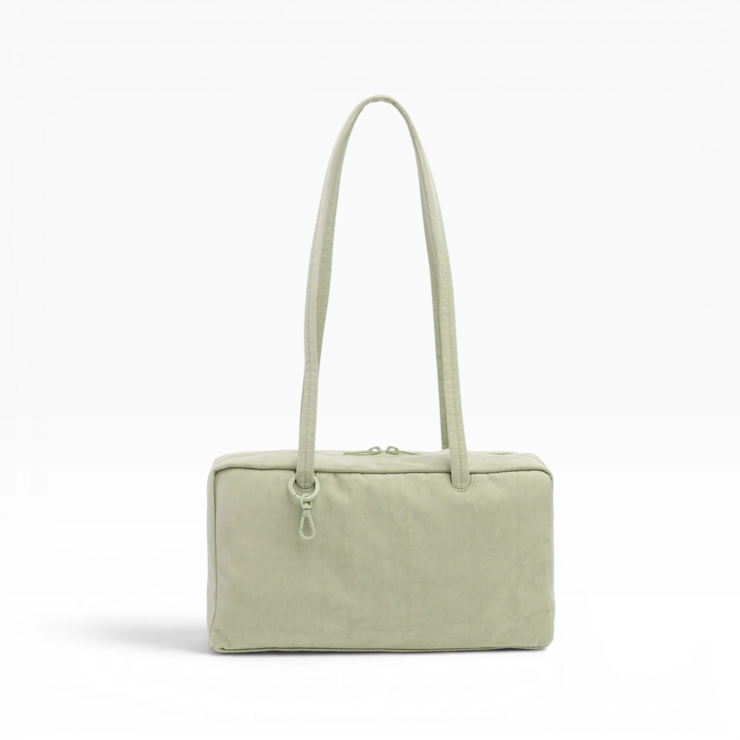 Celadon nylon bowler bag with top handles and front zipper pocket