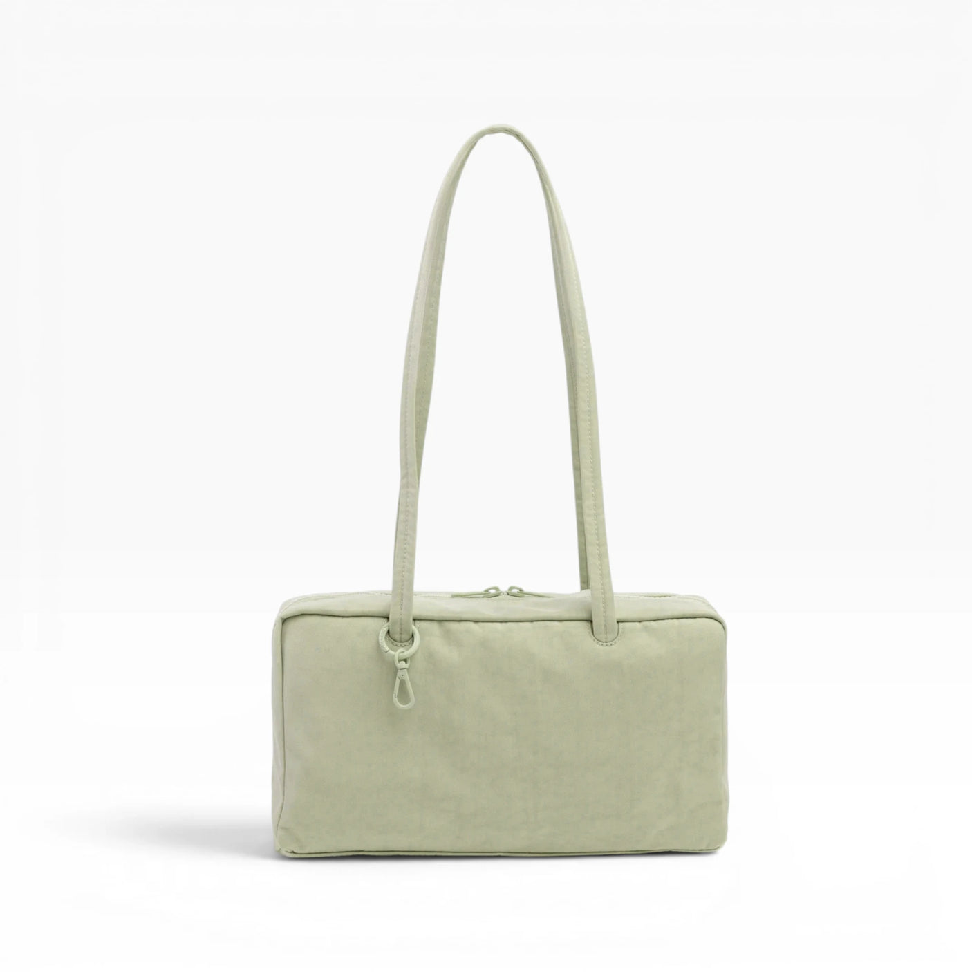 Celadon nylon bowler bag with top handles and front zipper pocket