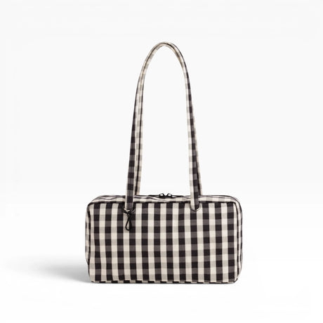 Black and cream gingham bowler bag with tall top handles and zip closure